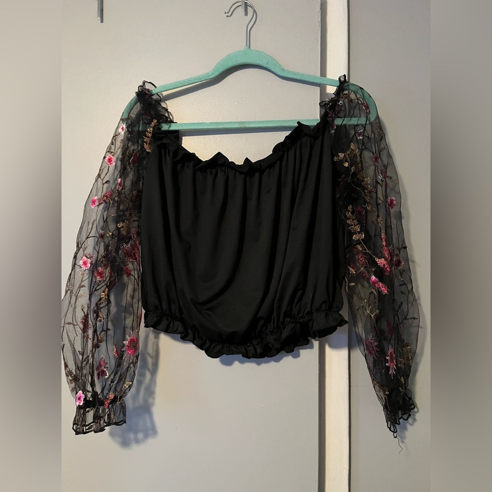SHEIN Black Off the Shoulder Top with Floral Sheer Sleeves